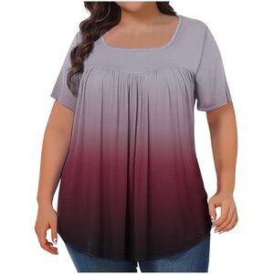 Women Short Sleeve T-Shirt Square Neck Loose Lightweight Boho Blouse Purple 3XL